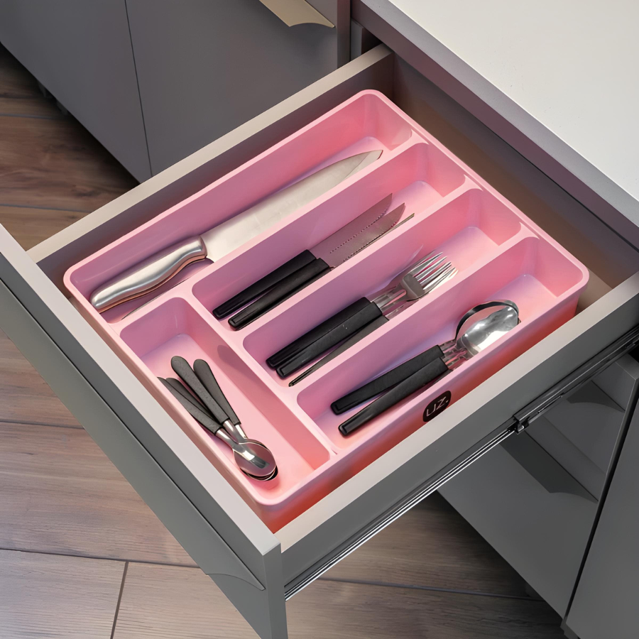 Porta Talher Organizador Gaveta Com Tampa Plástico Resistente 5 Divisórias Rosa
