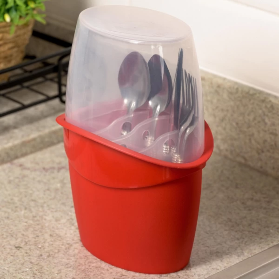 Organizador Porta Talheres Com Tampa E 4 Divisórias Interna Vermelho