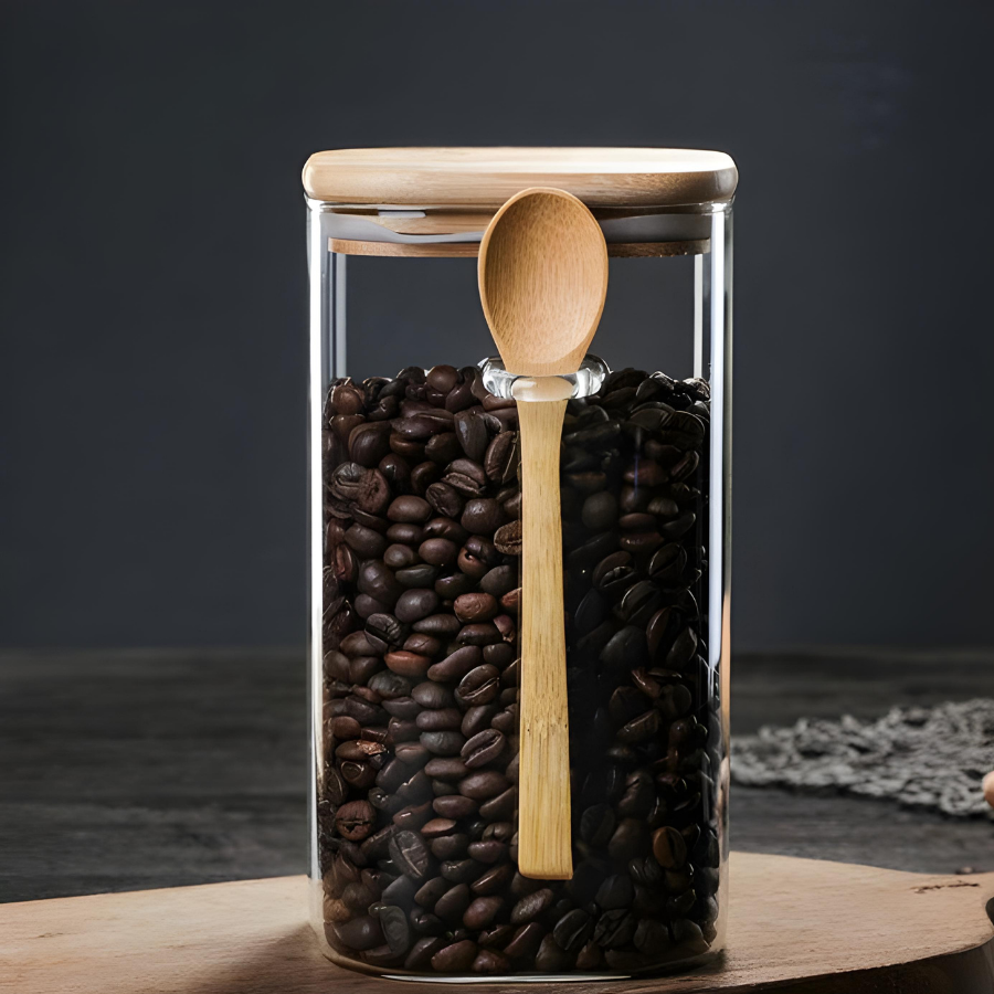 Pote Hermético Mantimento Armazenamento De Vidro Com Tampa e Colher de Bambu 750mL