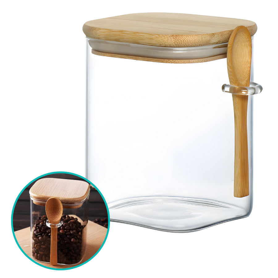 Pote Hermético Mantimento Armazenamento De Vidro Com Tampa e Colher de Bambu 500mL