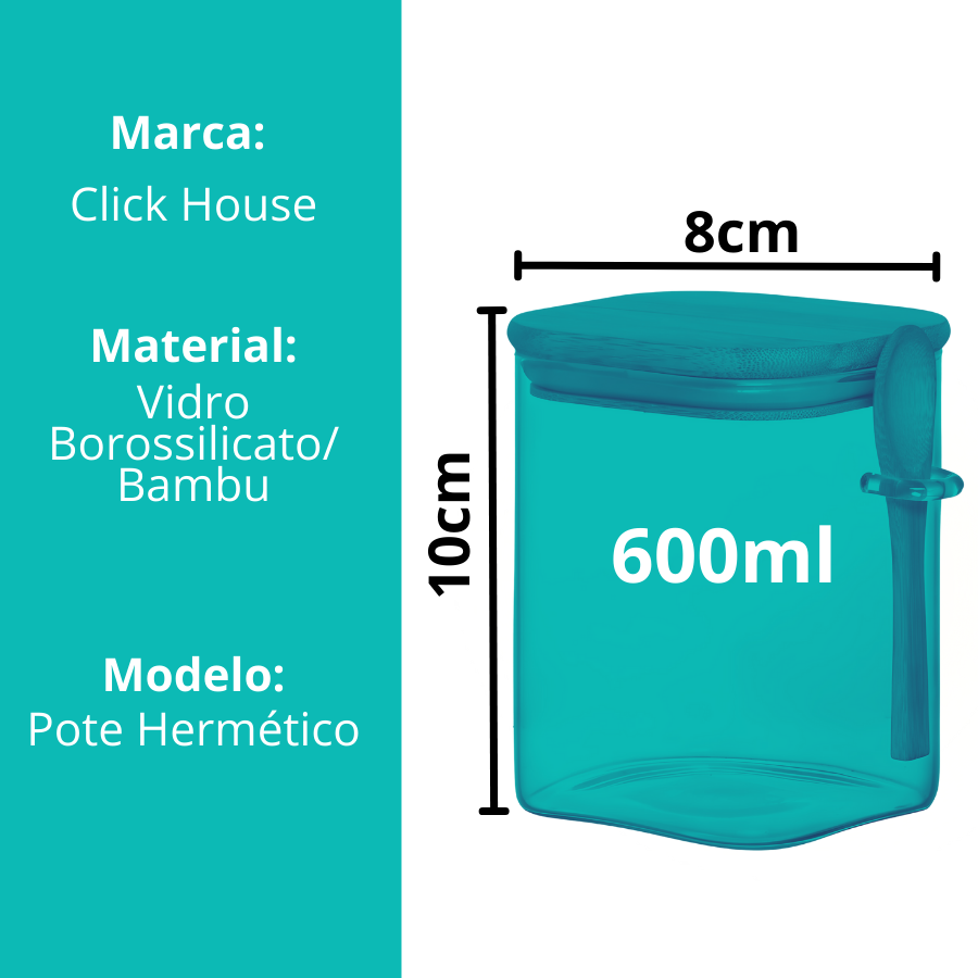 Pote Hermético Mantimento Armazenamento De Vidro Com Tampa e Colher de Bambu 500mL