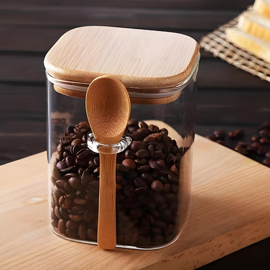 Pote Hermético Mantimento Armazenamento De Vidro Com Tampa e Colher de Bambu 500mL