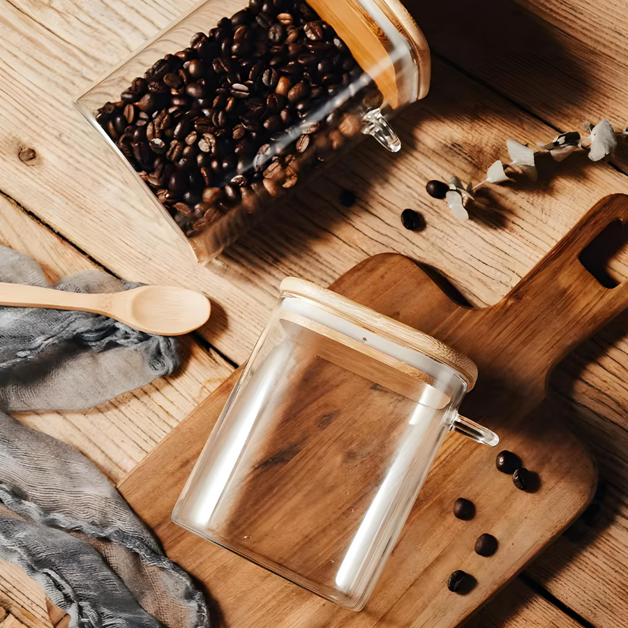 Pote Hermético Mantimento Armazenamento De Vidro Com Tampa e Colher de Bambu 500mL