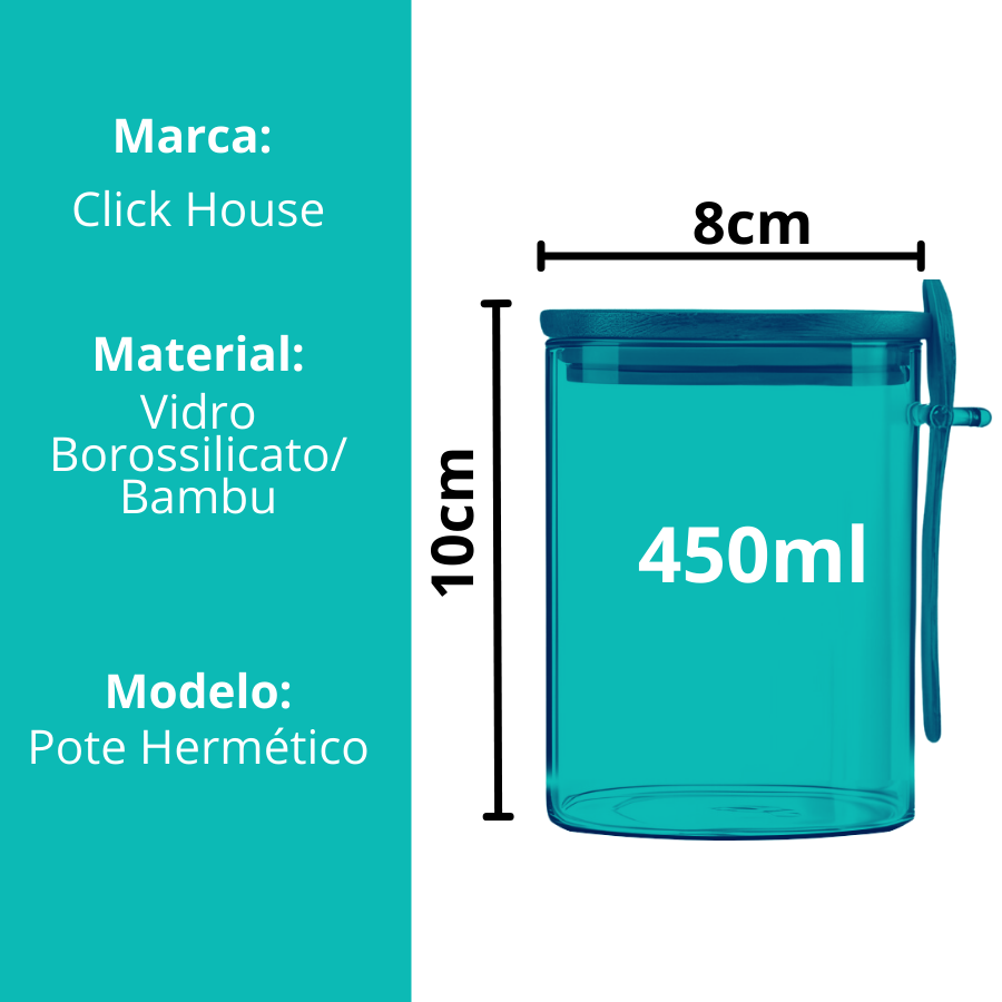 Pote Hermético Mantimento Armazenamento De Vidro Com Tampa e Colher de Bambu 450mL