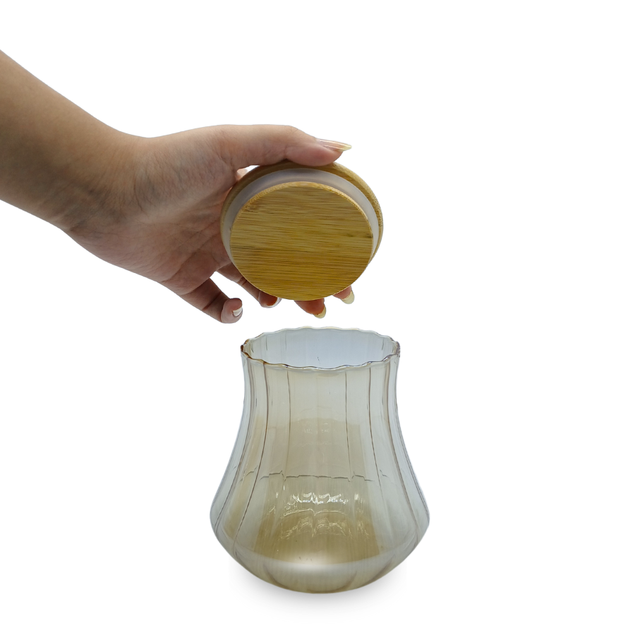 Pote Hermético Mantimento Armazenamento De Vidro Gold Com Tampa de Bambu 800ml