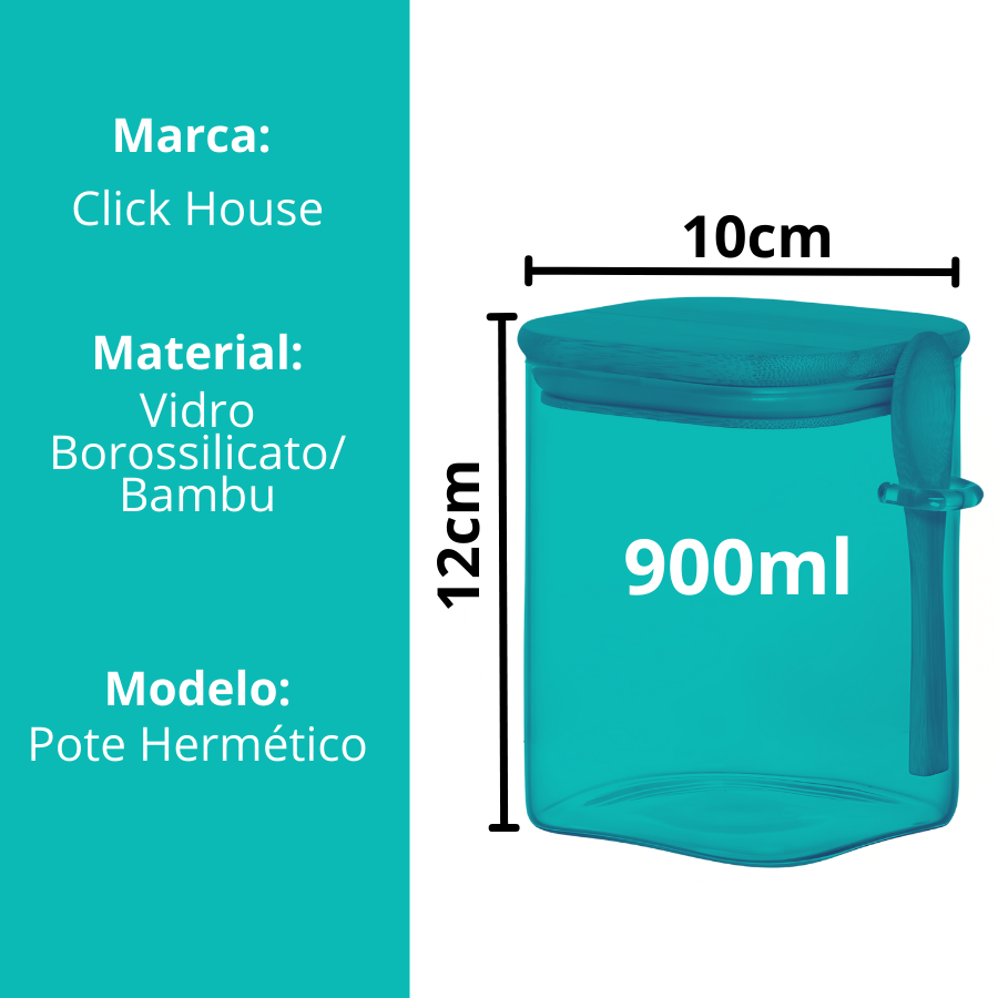 Pote Hermético Mantimento Armazenamento de Vidro Tampa E Colher Bambu 900ml