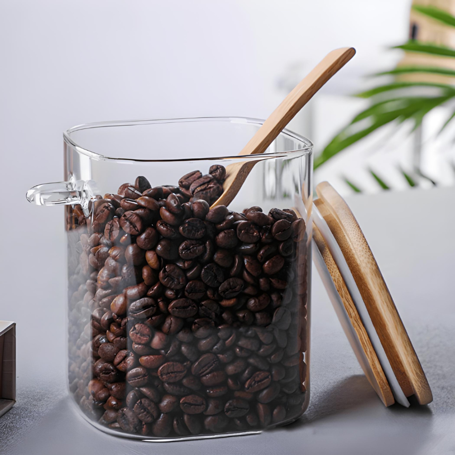 Pote Hermético Mantimento Armazenamento de Vidro Tampa E Colher Bambu 900ml
