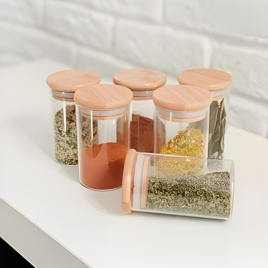 Pote Hermético Mantimento Armazenamento De Vidro Com Tampa de Bambu 250ml