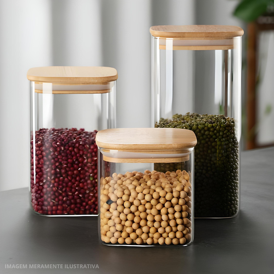 Pote Hermético Mantimento Armazenamento De Vidro Com Tampa de Bambu 550mL