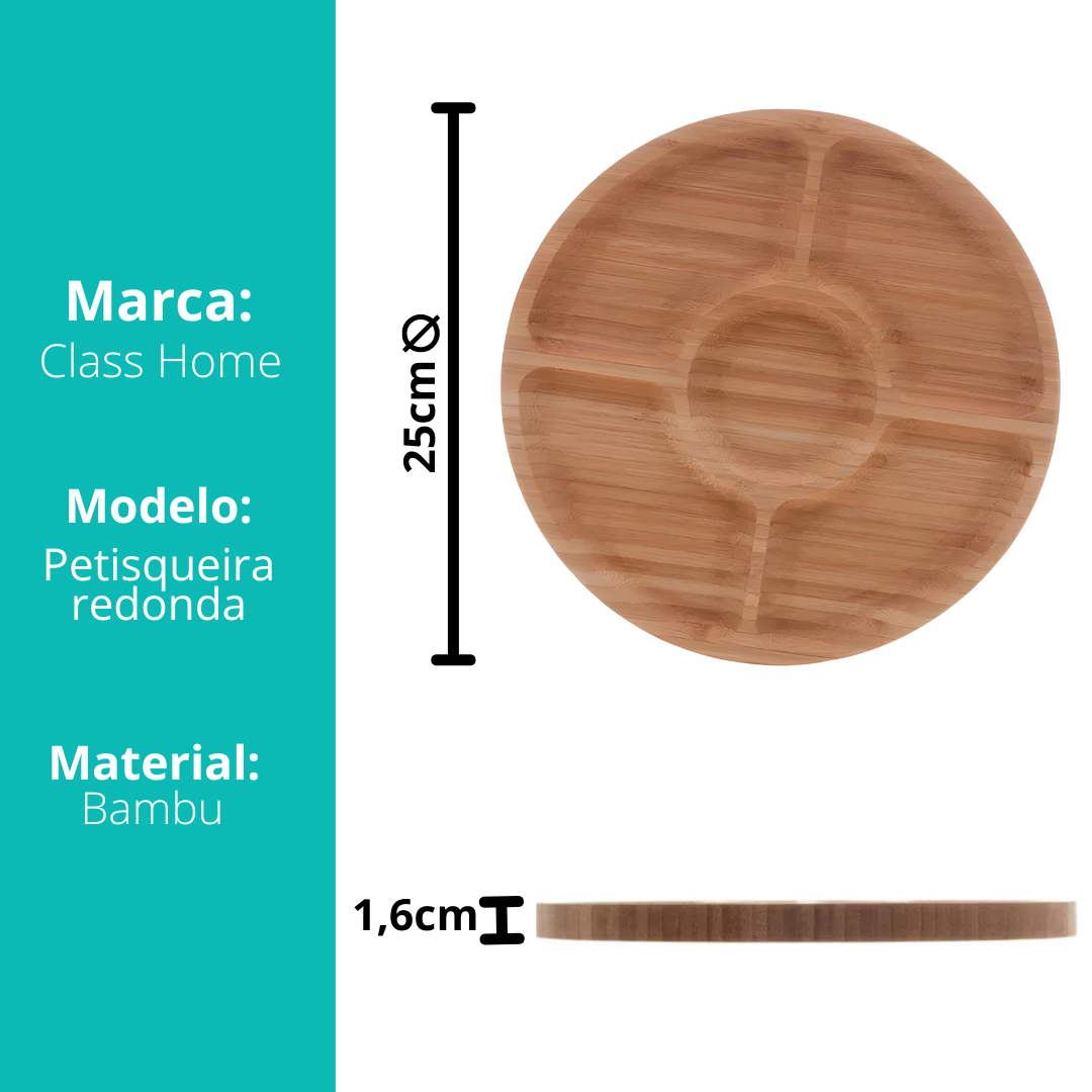 Petisqueira Travessa Porta Doce Bandeja Redonda Com 5 Divisórias De Bambu 25cm