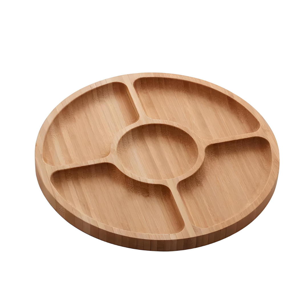 Petisqueira Travessa Porta Doce Bandeja Redonda Com 5 Divisórias De Bambu 25cm