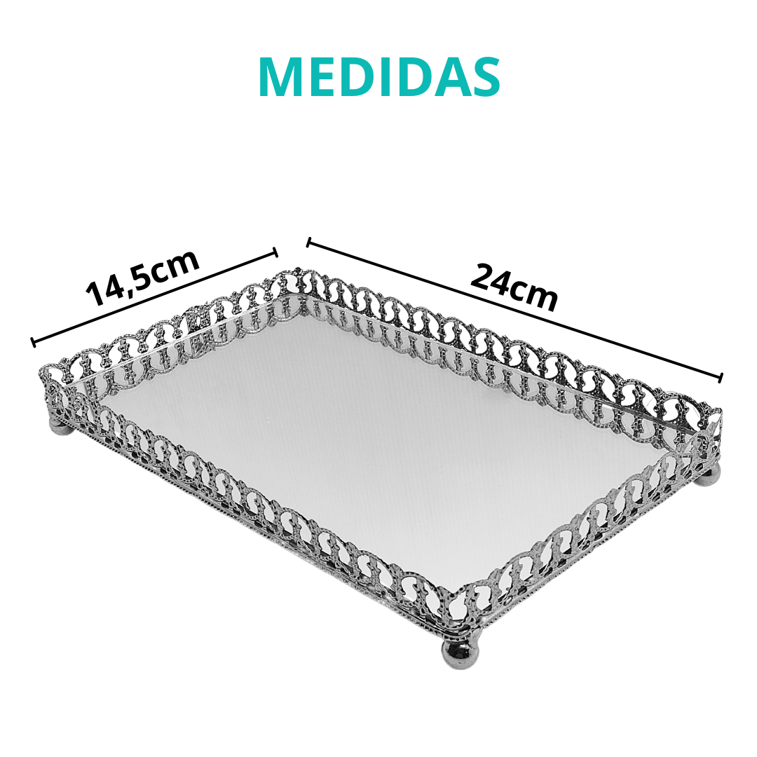 Bandeja Travessa De Metal Prateado Espelhado Decorativo Com Pé 24cm