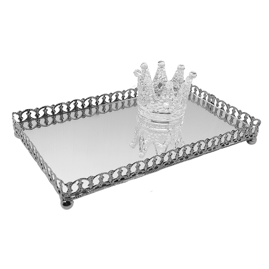 Bandeja Travessa De Metal Prateado Espelhado Decorativo Com Pé 24cm