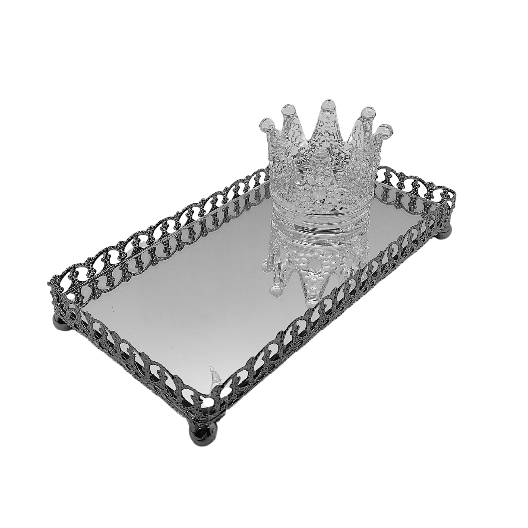 Bandeja Travessa De Metal Prateado Espelhado Decorativo Com Pé 20cm