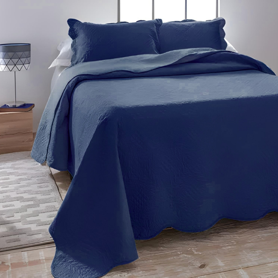 Colcha Casal Cobre Leito Matelado 220x240cm Azul 3 Peças