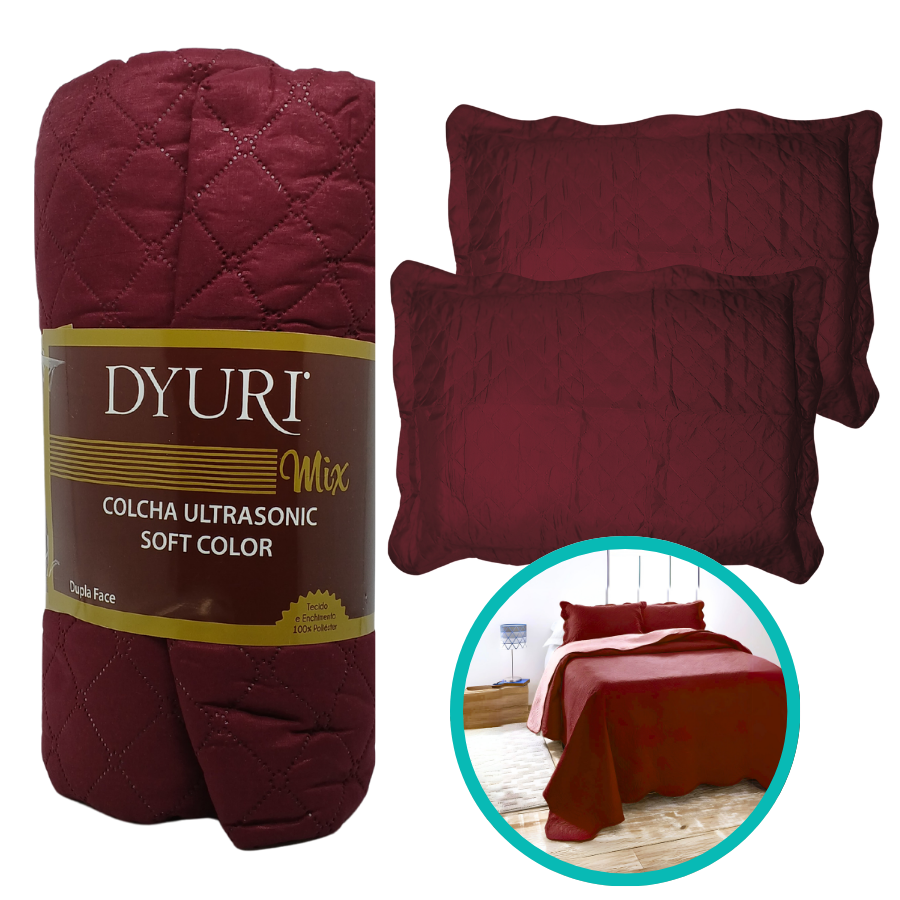 Colcha King Cobre Leito Matelado 280x260cm Vinho 3 Peças