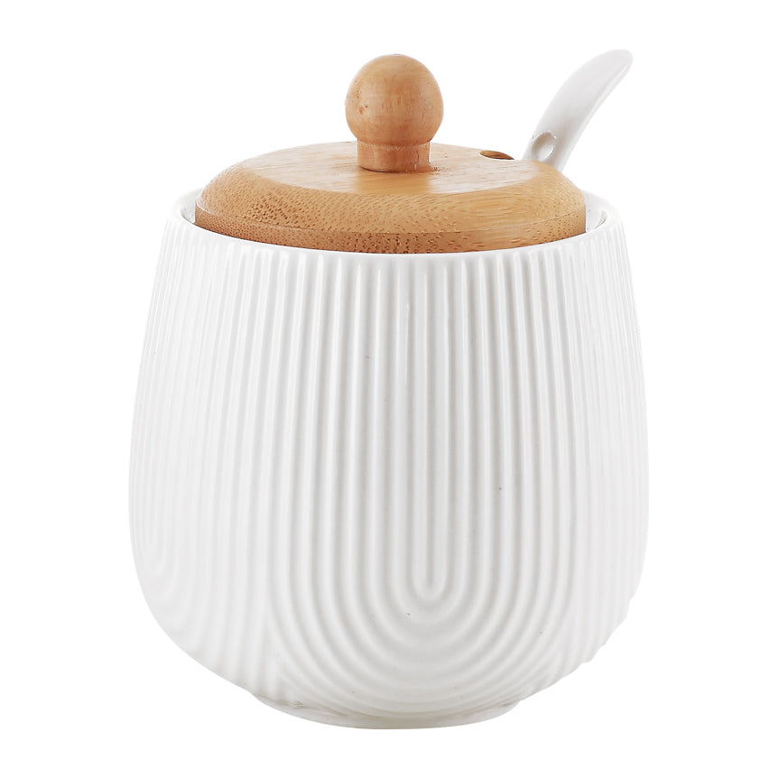 Açucareiro Com Colher De Cerâmica E Tampa Bambu 360ml Cor Branco