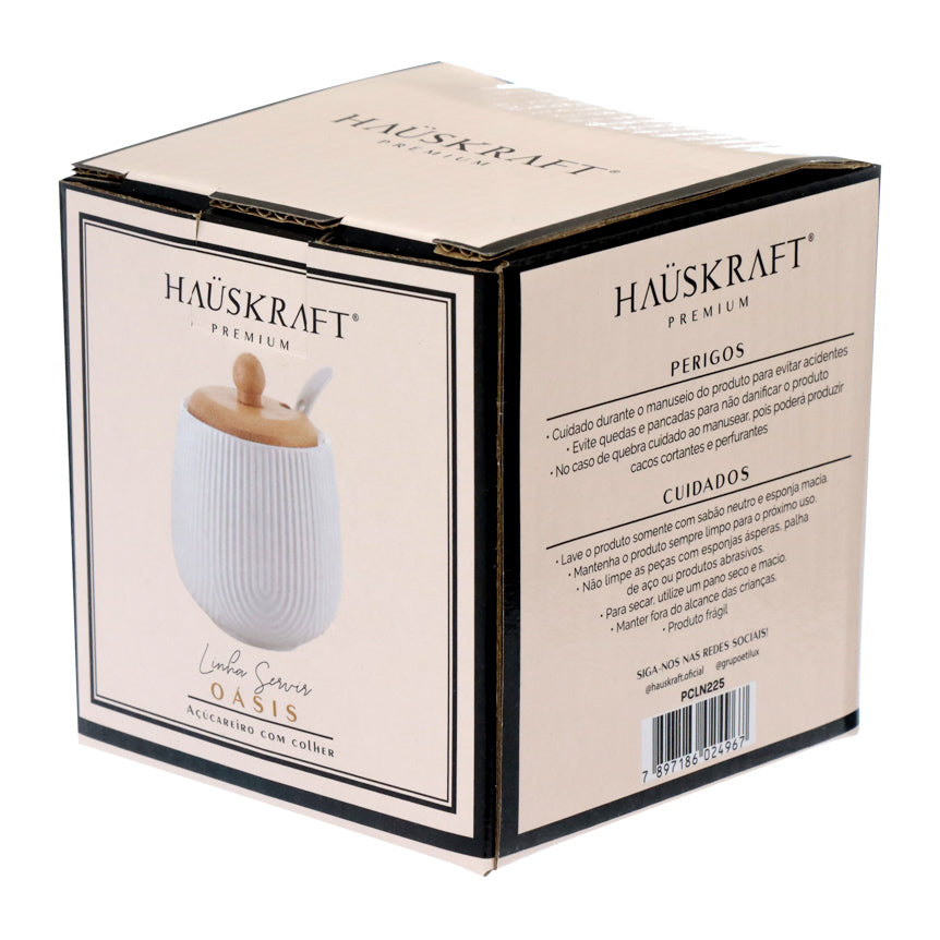 Açucareiro Com Colher De Cerâmica E Tampa Bambu 360ml Cor Branco