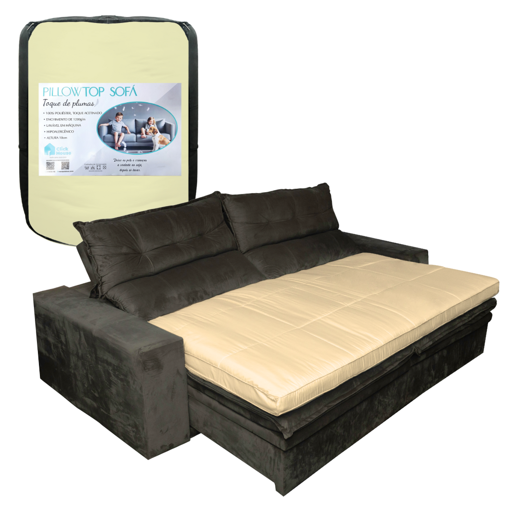 Pillow Top de Sofá Retrátil e Reclinável Almofada Fibras Macias Marrom 190x90cm