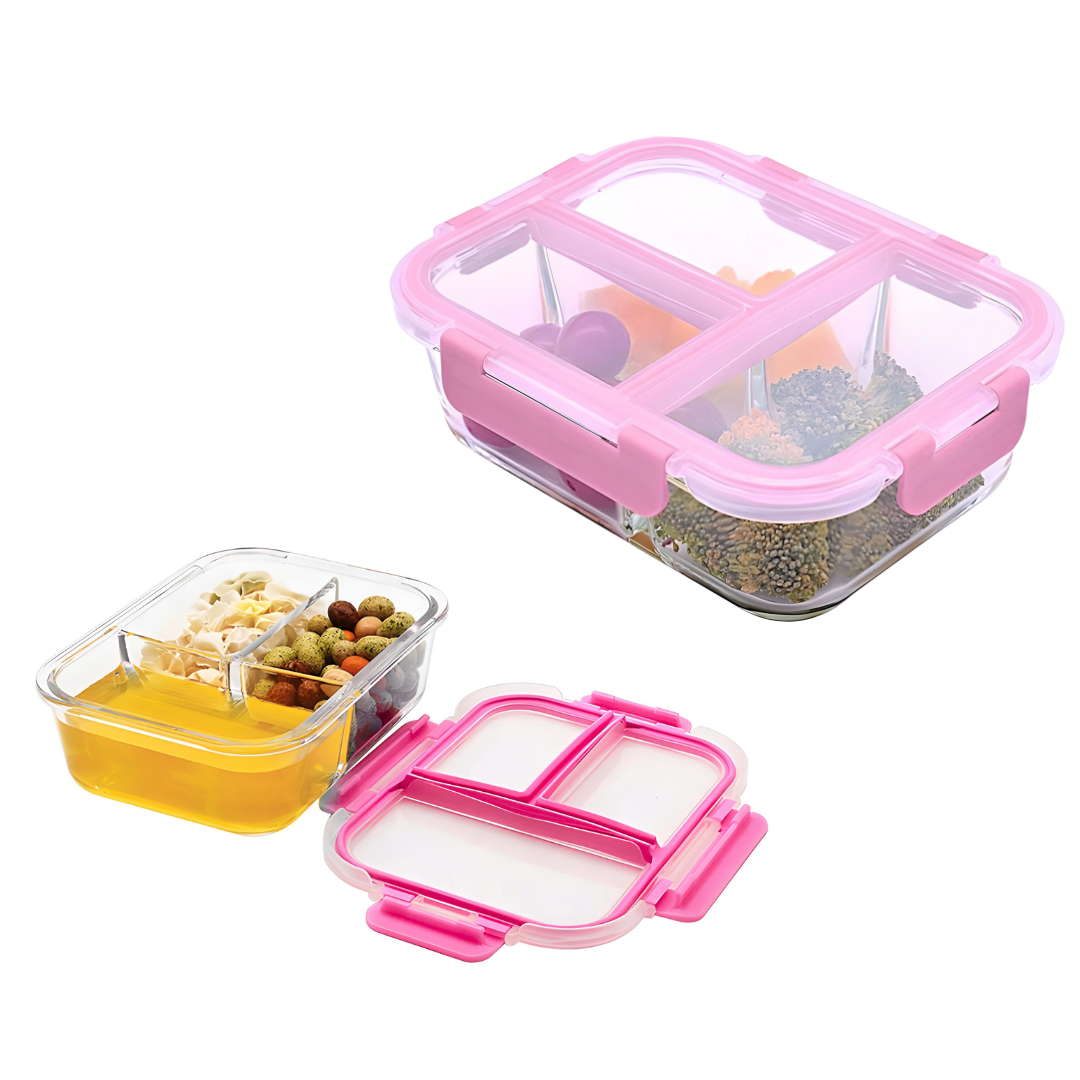 Pote Vidro Hermético 3 Divisórias Tampa Lock Marmita 1040ml