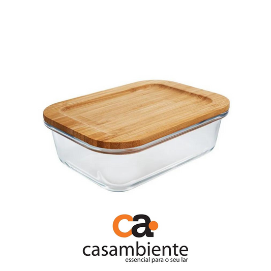 Pote Vidro Retangular Marmita Tampa Hermética Bambu  600 Ml
