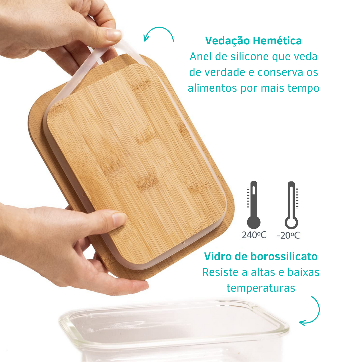 Pote Vidro Retangular Marmita Tampa Hermética Bambu  600 Ml