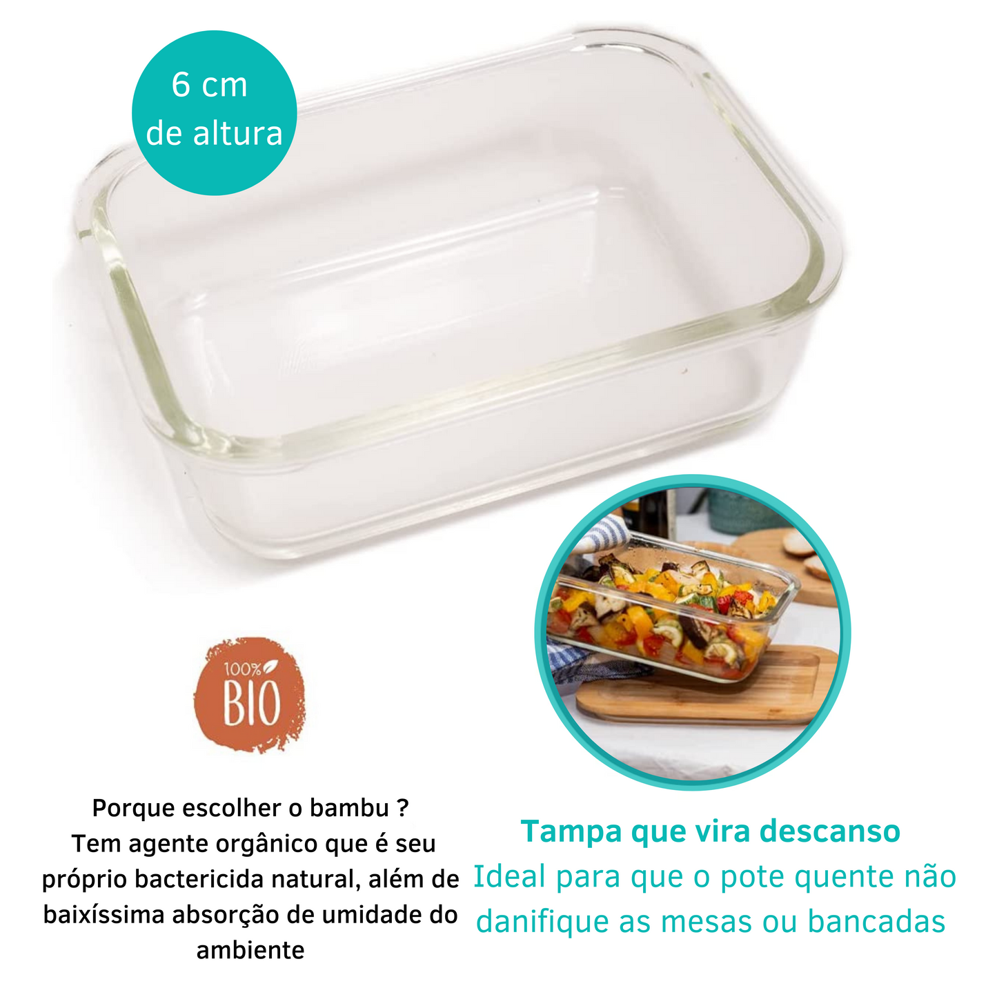 Pote Vidro Retangular Marmita Tampa Hermética Bambu 1000 Ml