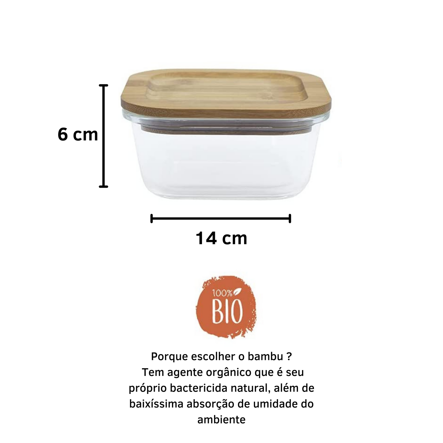 Pote Vidro Quadrado Marmita Tampa Hermética Bambu 500 Ml