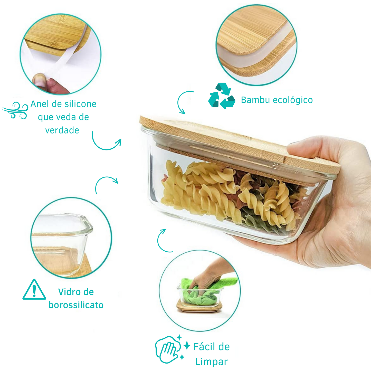 Pote Vidro Quadrado Marmita Tampa Hermética Bambu 800 Ml