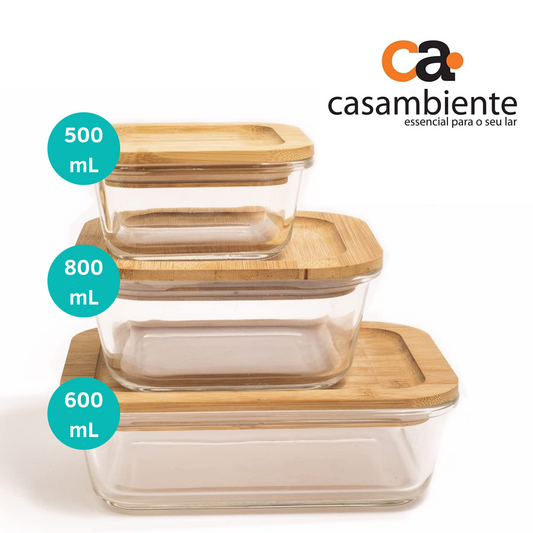 Pote Vidro Quadrado Marmita Hermético Bambu 500+600+800ml