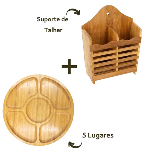 Suporte Organizador Talher Bambu + Petisqueira 5 Divisórias