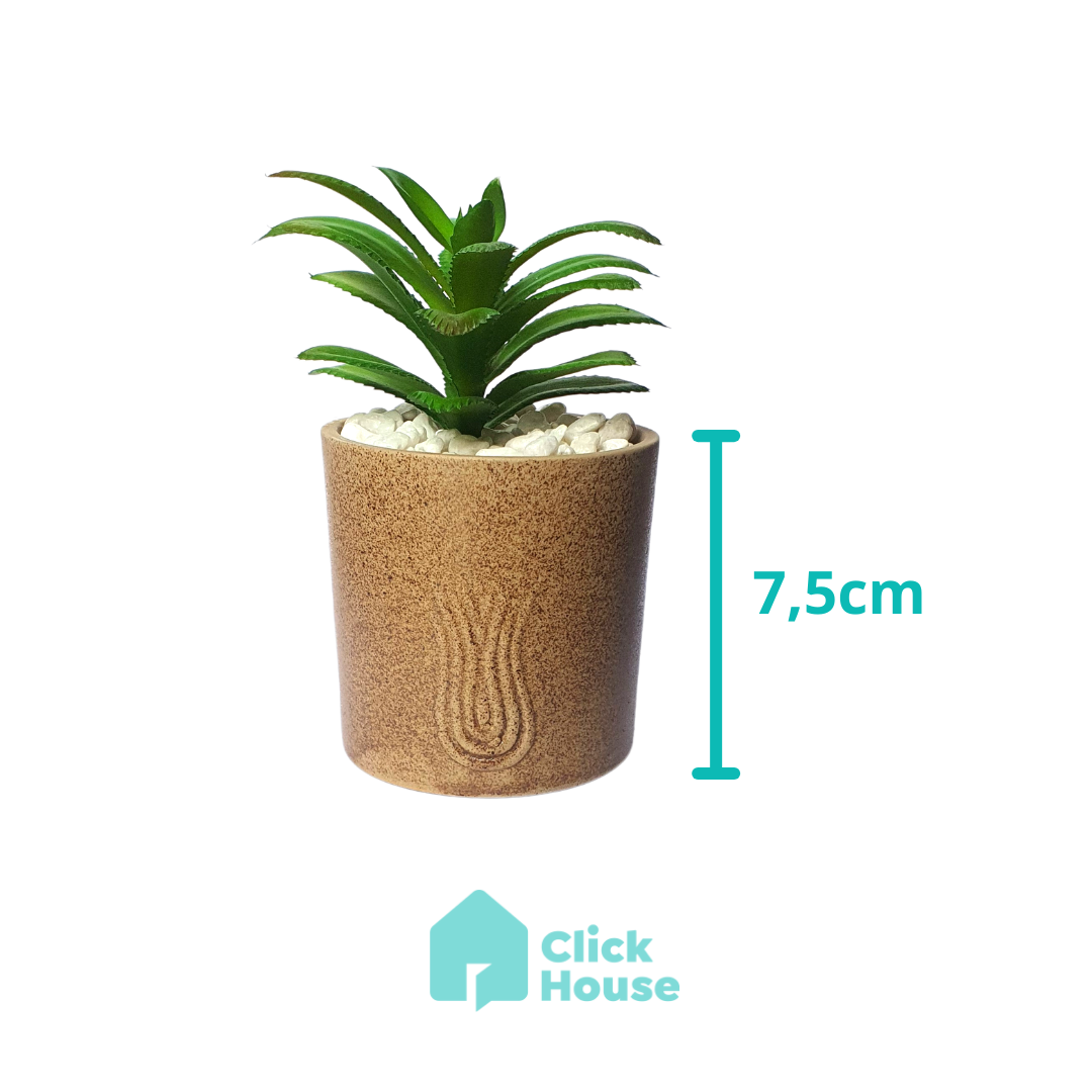 Suculenta Artificial Com Vaso Cachepot Cerâmica Bege - 14cm