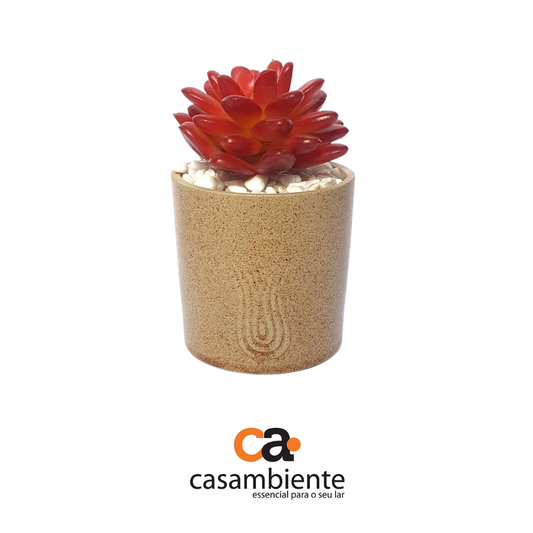 Suculenta Artificial Com Vaso Cachepot Cerâmica Bege - 14cm