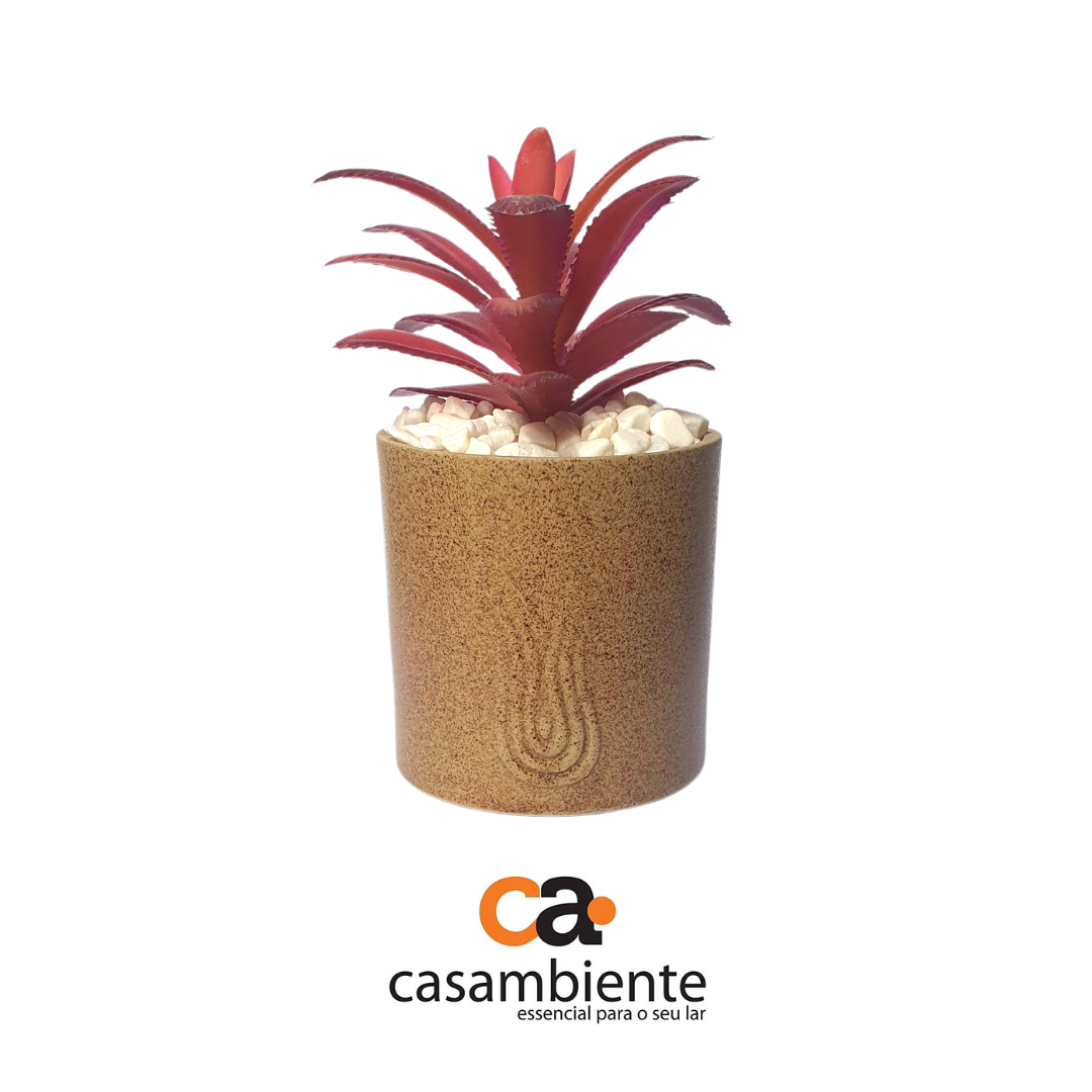 Suculenta Artificial Com Vaso Cachepot Cerâmica Bege - 14cm
