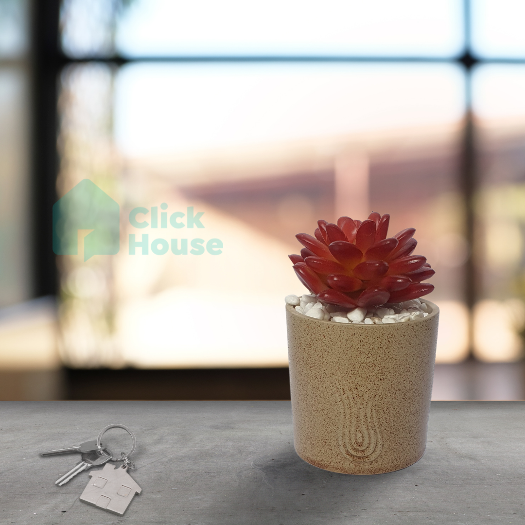 Suculenta Artificial Com Vaso Cachepot Cerâmica Bege - 14cm