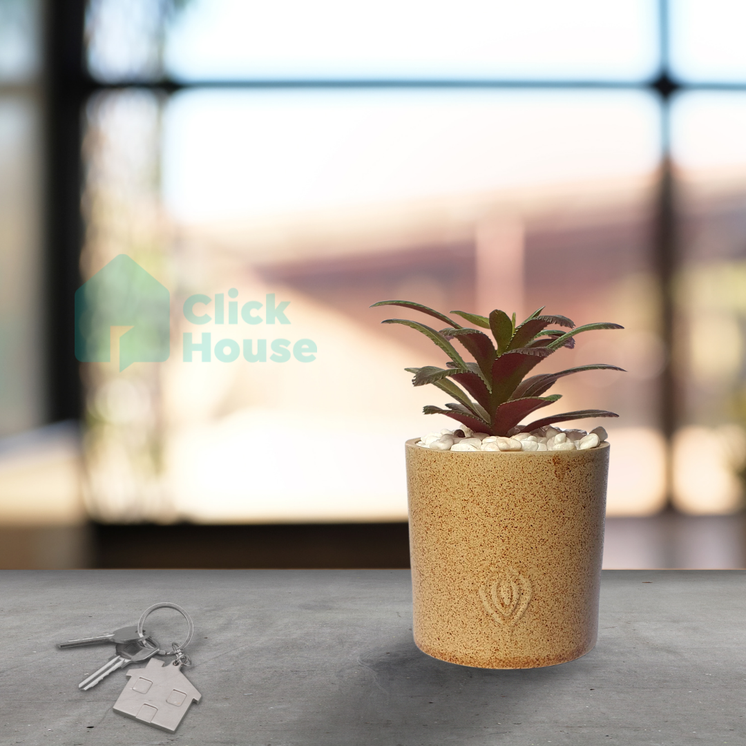 Suculenta Artificial Com Vaso Cachepot Cerâmica Bege - 14cm