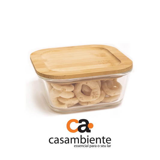 Pote Vidro Quadrado Marmita Tampa Hermética Bambu 300ml