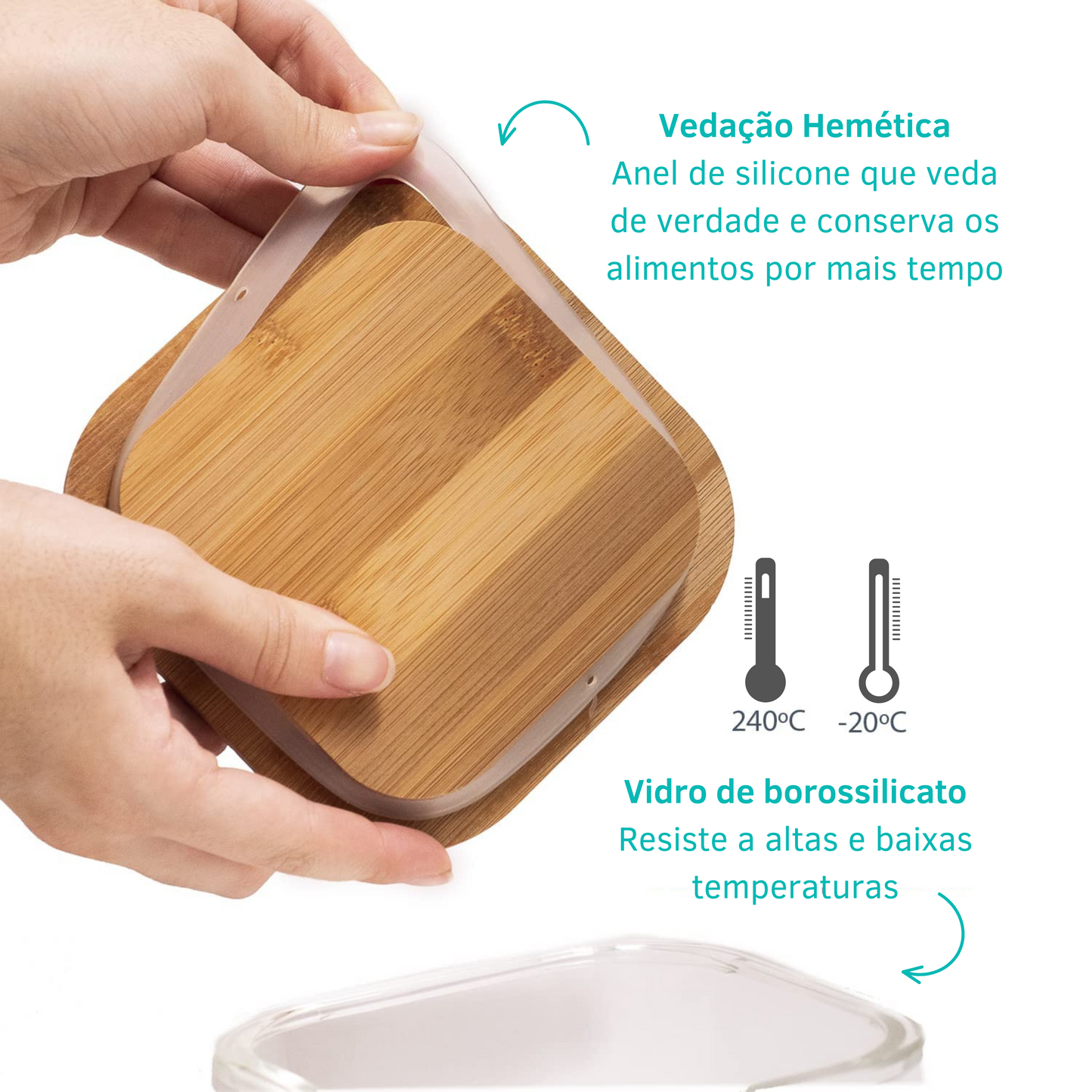 Potes Vidro Retangular Marmita Tampa Hermética 300ml + 400ml