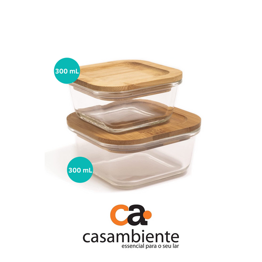 Potes Retangular Marmita Tampa Hermética Bambu 300ml + 500ml
