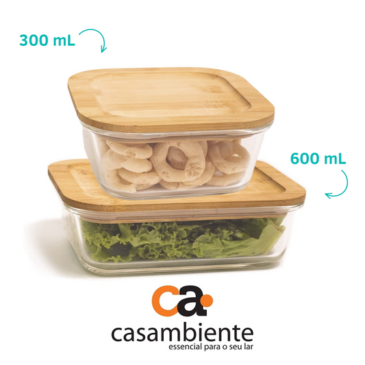 Pote Vidro Quadrado Marmita Tampa Hermética 300ml + 600ml