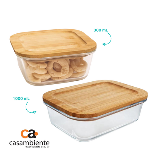 Pote Vidro Quadrado Marmita Tampa Hermética 300ml + 1000ml