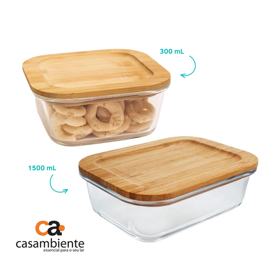 Pote Vidro Quadrado Marmita Tampa Hermética 300ml + 1500ml