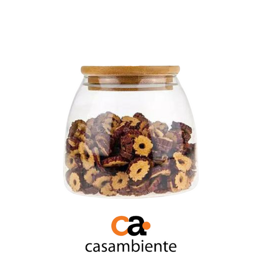 Pote De Vidro Redondo Mantimento Hermético Tampa Bambu 700ml