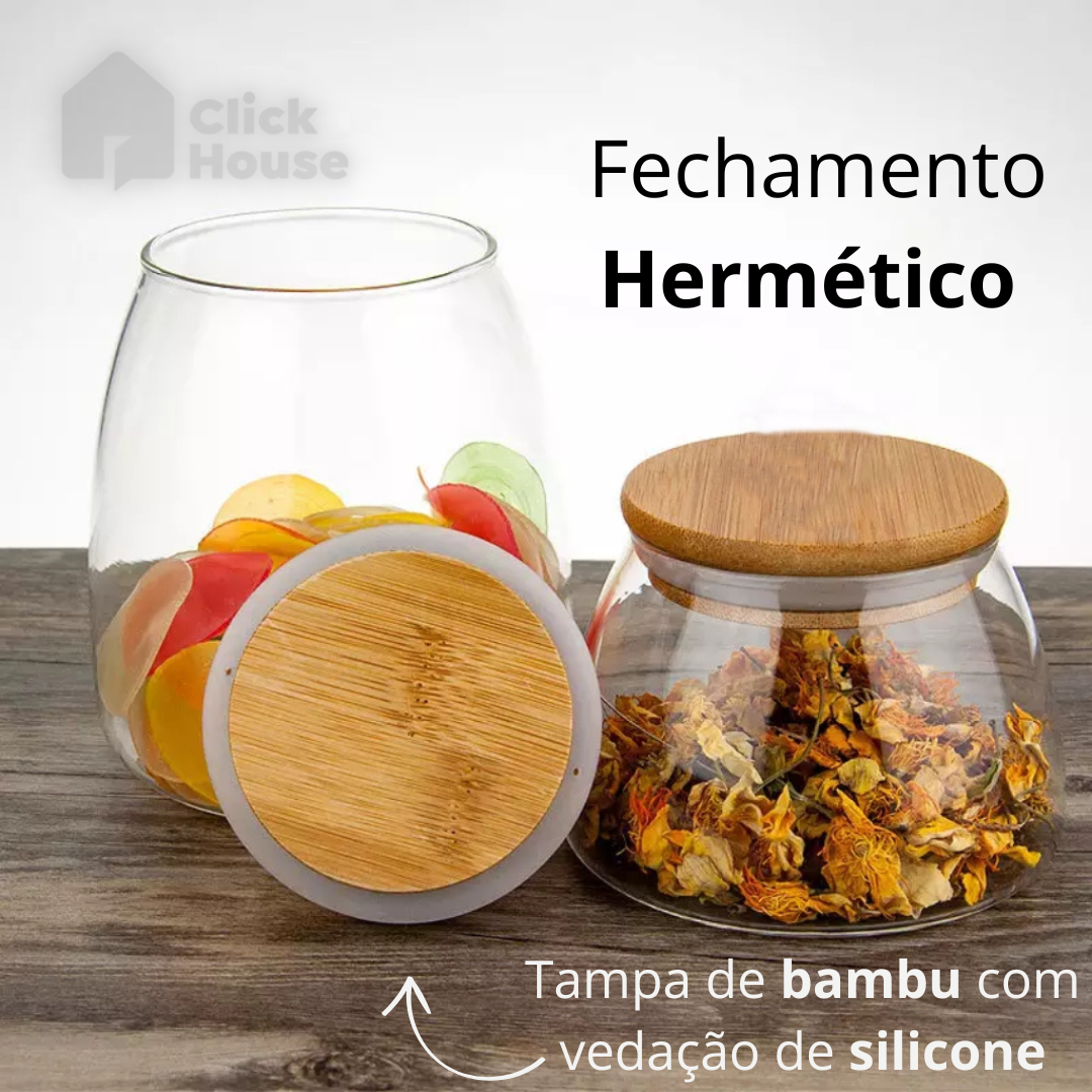 Pote De Vidro Redondo Mantimento Hermético Tampa Bambu 450ml