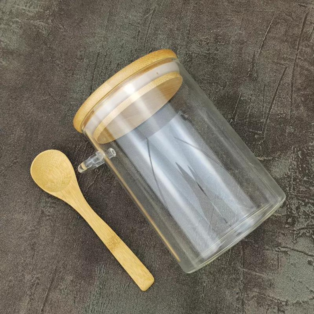 Pote De Vidro Redondo Tampa Bambu Hermético Com Colher 550ml
