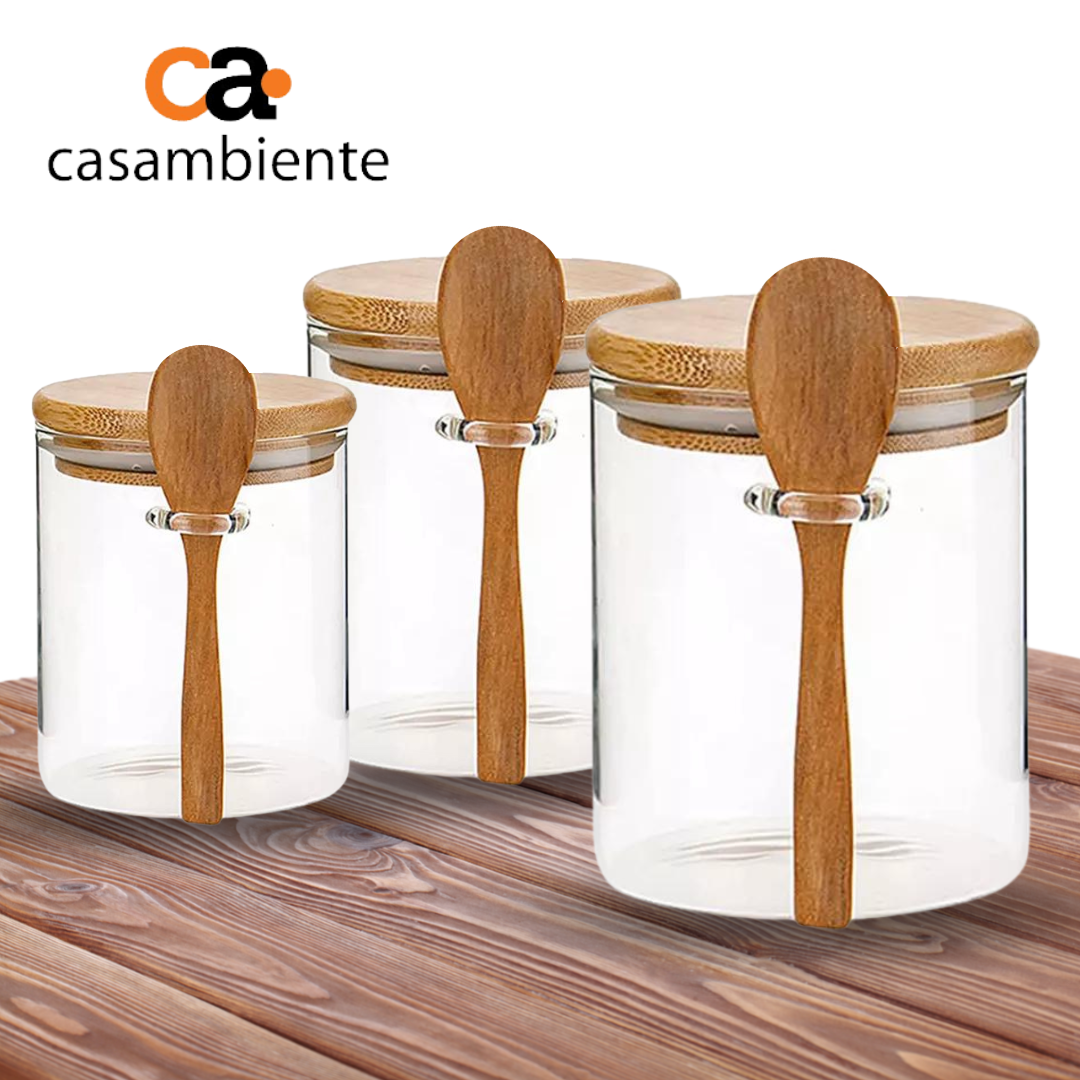 Pote De Vidro Redondo Tampa Bambu Hermético Com Colher 550ml