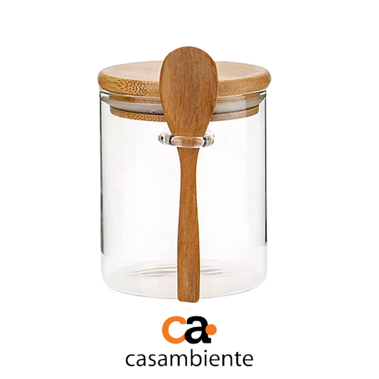 Pote De Vidro Redondo Tampa Bambu Hermético Com Colher 700ml