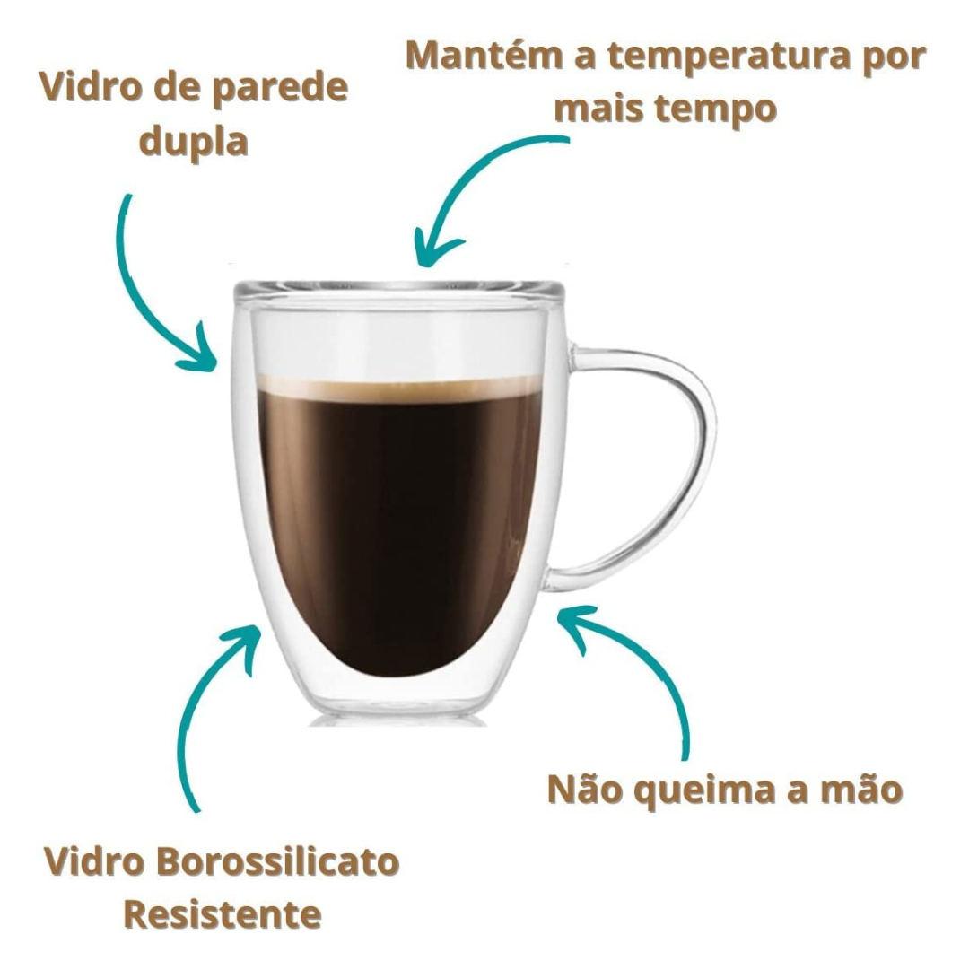 Caneca Xícara De Vidro Parede Dupla Café Chá Capuccino 350ml