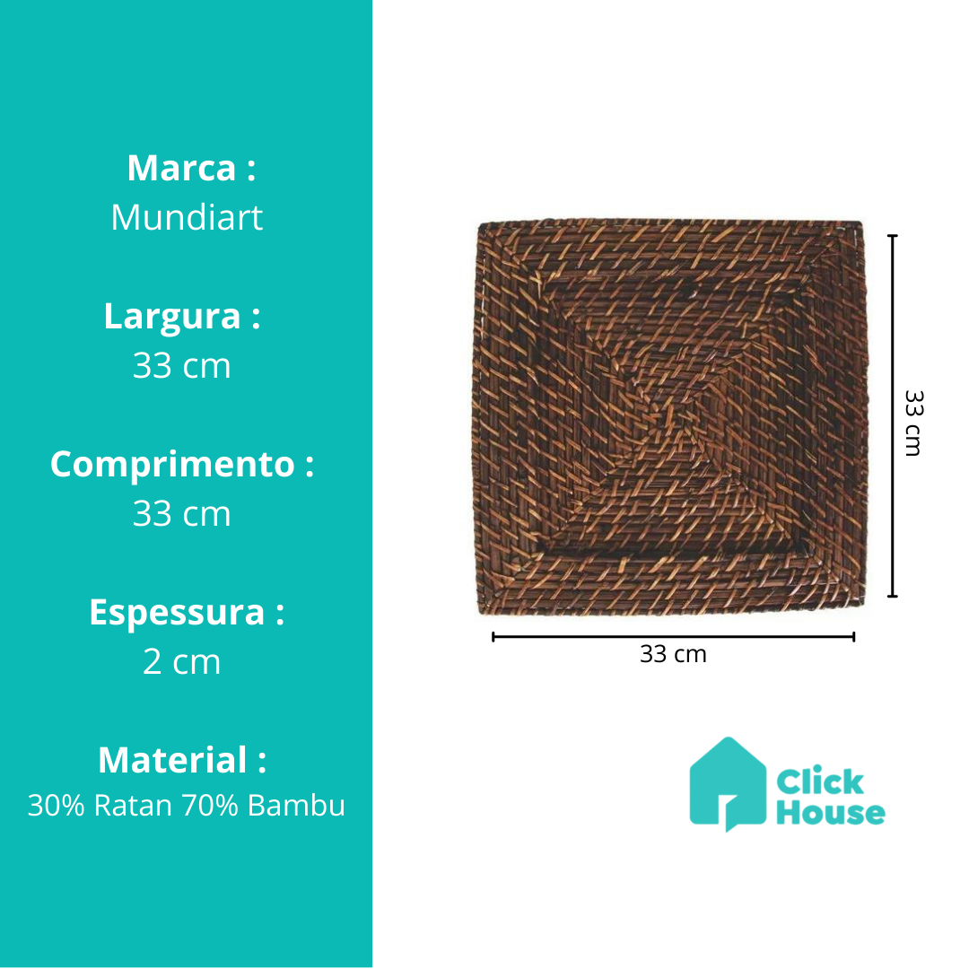 Sousplat Quadrado Rattan Bambu Marrom Escuro Mundiart