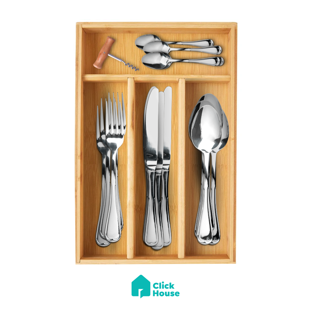 Porta Talher Utensílios Bambú Gaveta Grande 4 Divisórias
